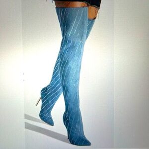 Shoe Dazzle Shady Embellished Denim Thigh High Over Knee Boots 6 New